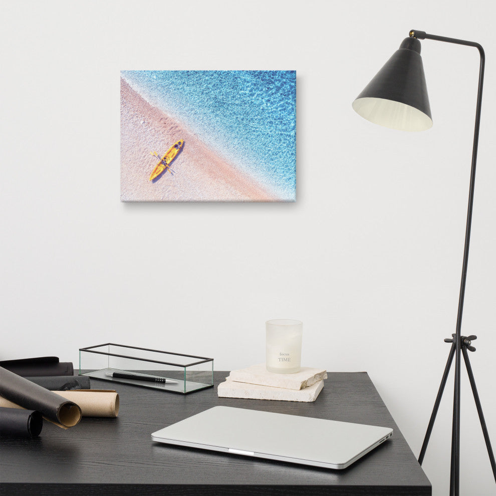 Yellow Canoe and Blue Sea by with Violet Glow Landscape Photo Canvas Art Print, 12" X 16"