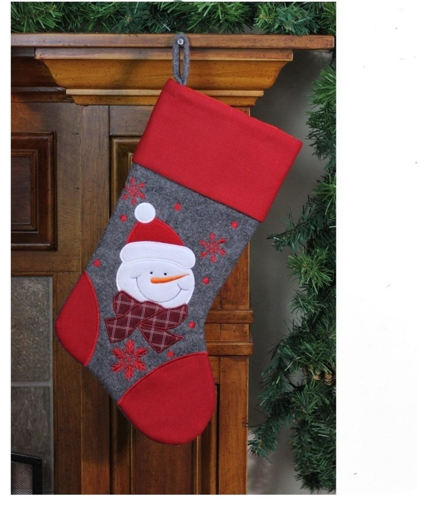 18" Gray and Red Embroidered Snowman Christmas Stocking