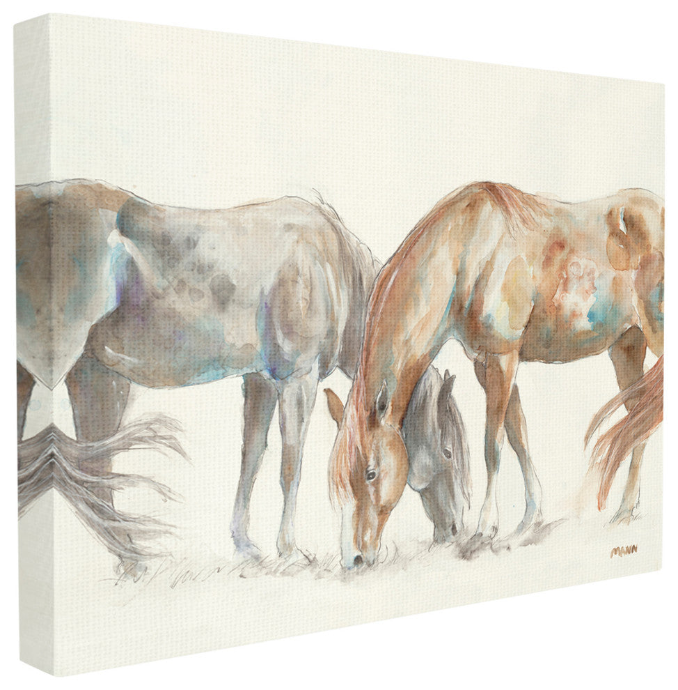 Horse Couple Gray Brown Watercolor Painting, 24"x30", Canvas Art