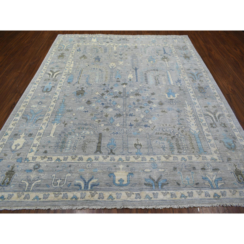 Gray Angora Oushak Willow and Cypress Tree Design Hand Knotted Rug, 8'2"x9'10"
