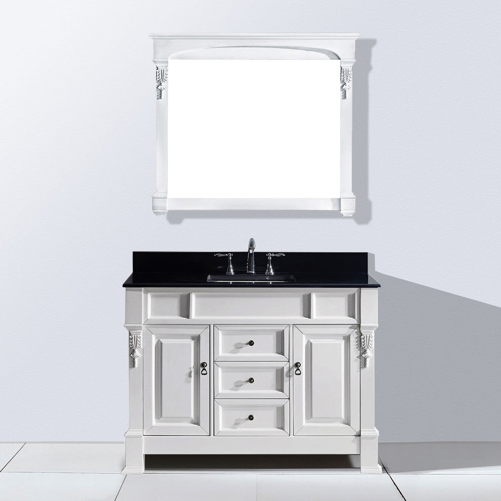 Virtu Huntshire 48" Single Bathroom Vanity, White, Black Granite Top, Mirror
