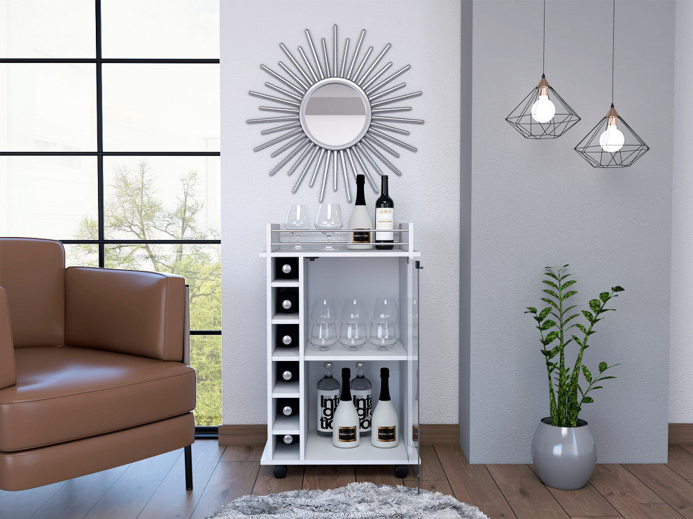 Vegas Retro Modern Two Tier Bar Cart with Glass Door & Six Liquor Cubbies, White