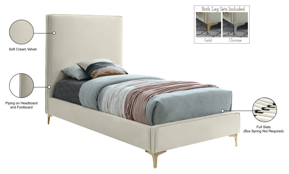 Geri Velvet Upholstered Bed, Cream, Twin