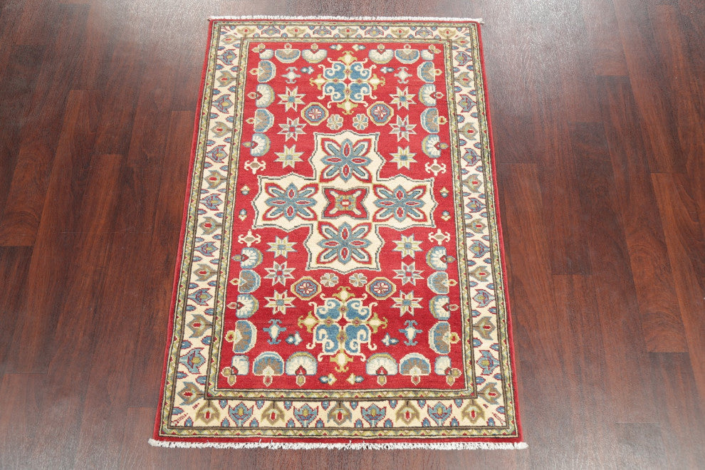 Kazak Oriental Traditional Hand Made Pakistani Area Rug, Red, 4'11"x3'4