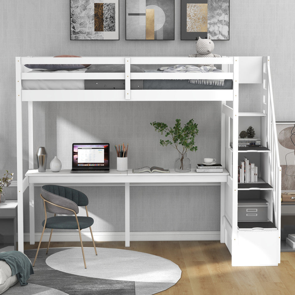 Gewnee Twin Size Loft Bed with Storage Staircase and Built-in Desk in White