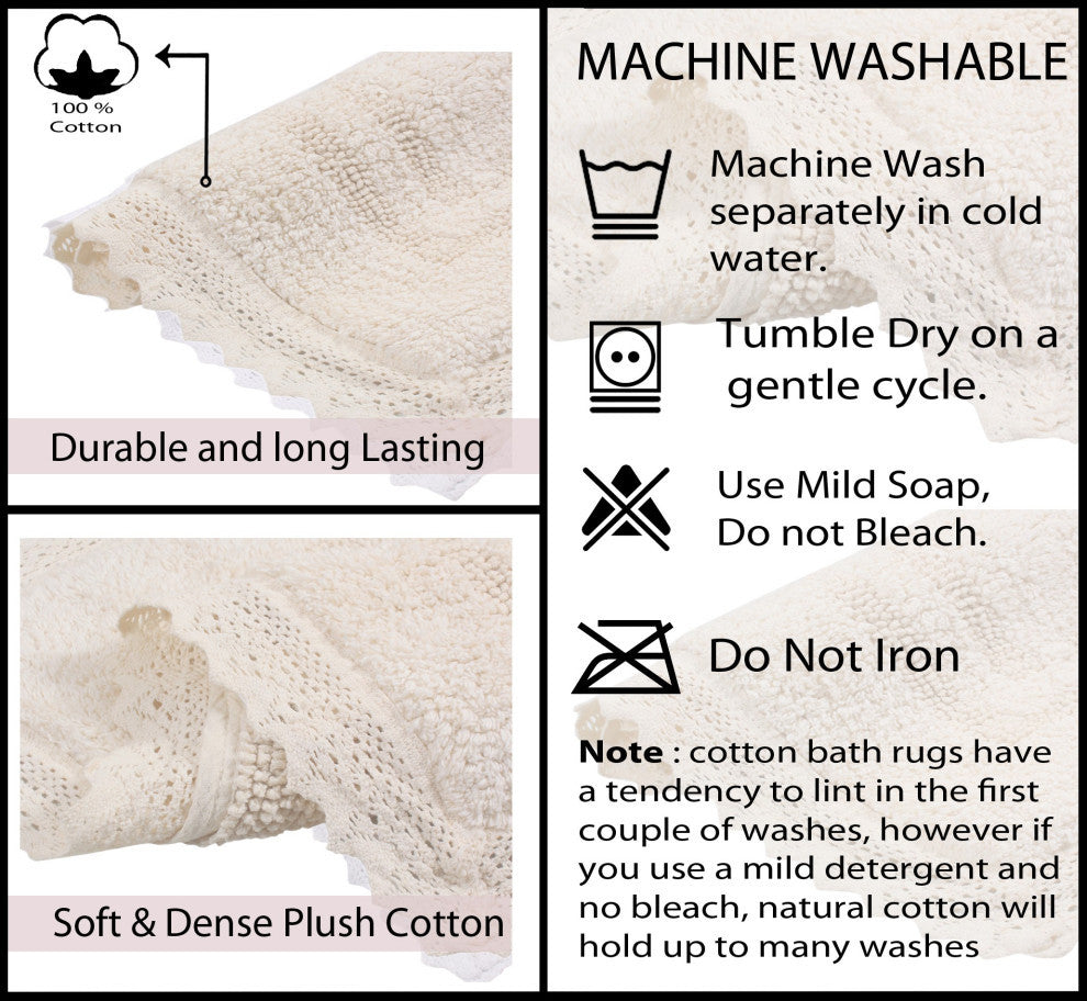 Opulent Reversible Bath Rug Set, Mat Non Slip, 21"x54" Runner, Ivory