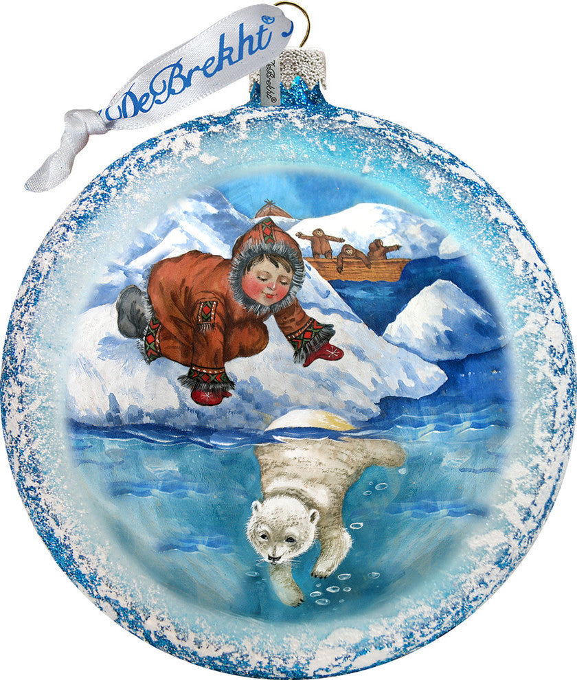 Hand Painted Scenic Glass Ornament Alaska Boy Polar Bear