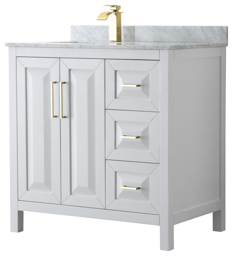 36" Single Bath Vanity, White, White Carrara Countertop, Sink, Gold Trim