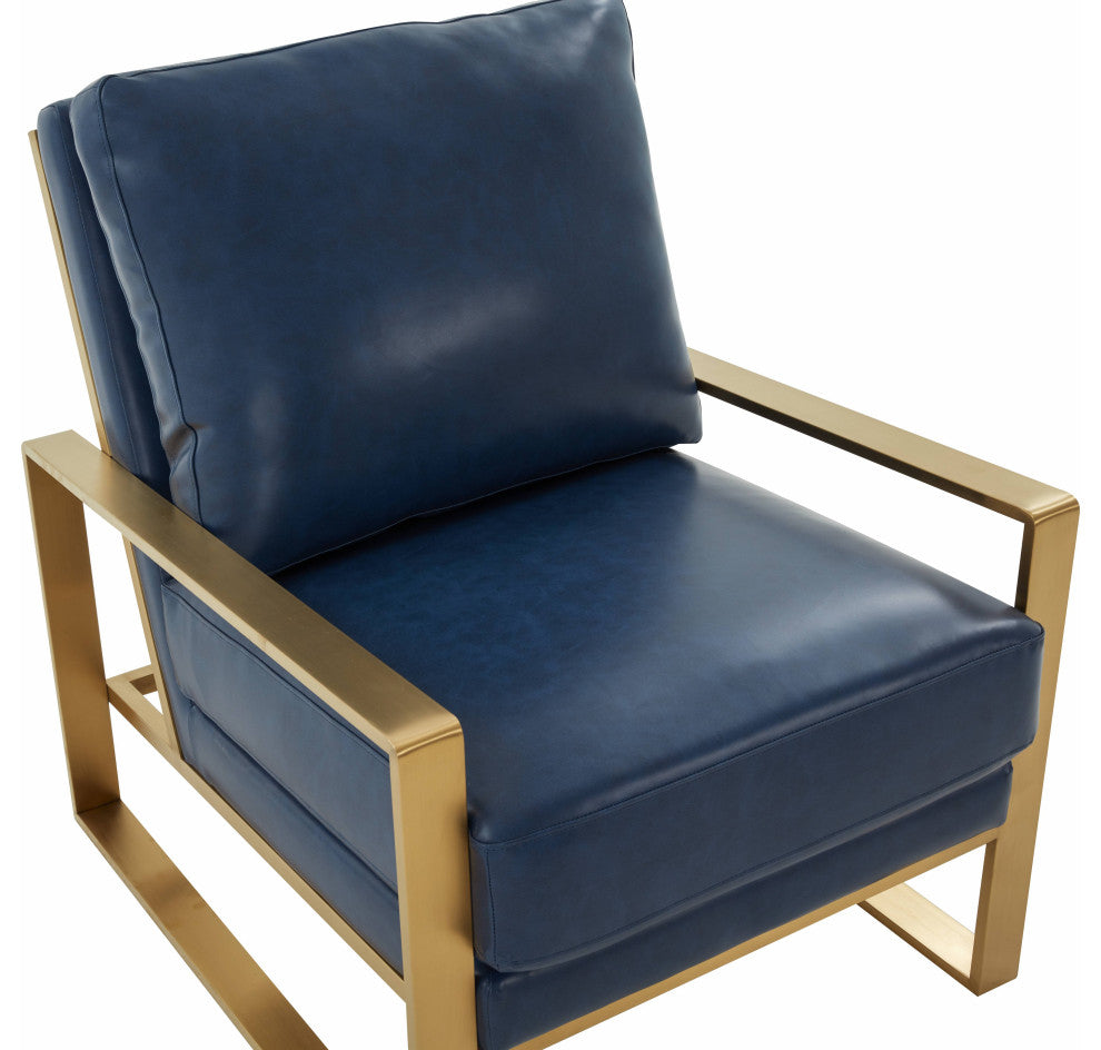 LeisureMod Jefferson Arm Chairs With Gold Frame and Coffee Table, Navy Blue