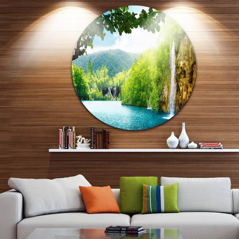 Waterfall In Deep Forest, Landscape Photography Round Wall Art, 11"
