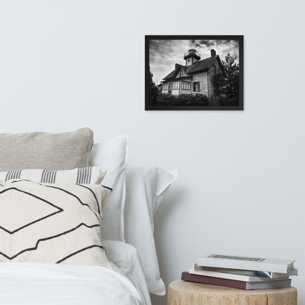 Cedar Point Lighthouse in Black and White Framed Photo Paper Wall Art Prints, Black, 12" X 16"