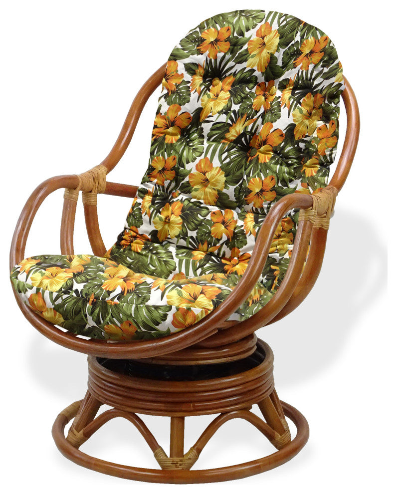 Rattan Wicker Handmade Bali Lounge Swivel Rocking Chair with Cushion, Floral Cushion