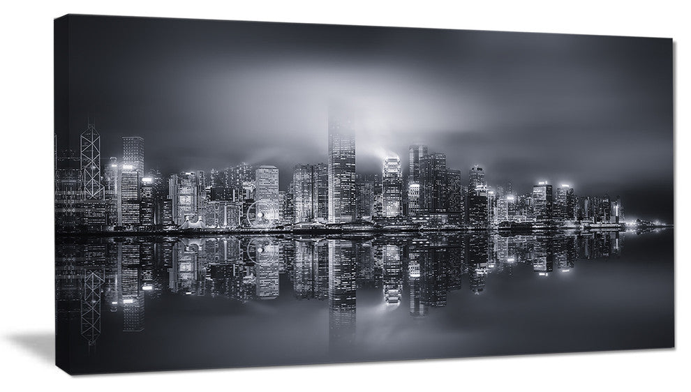 "Hong Kong Black And White Panorama" Cityscape Artwork Canvas, 40"x20"