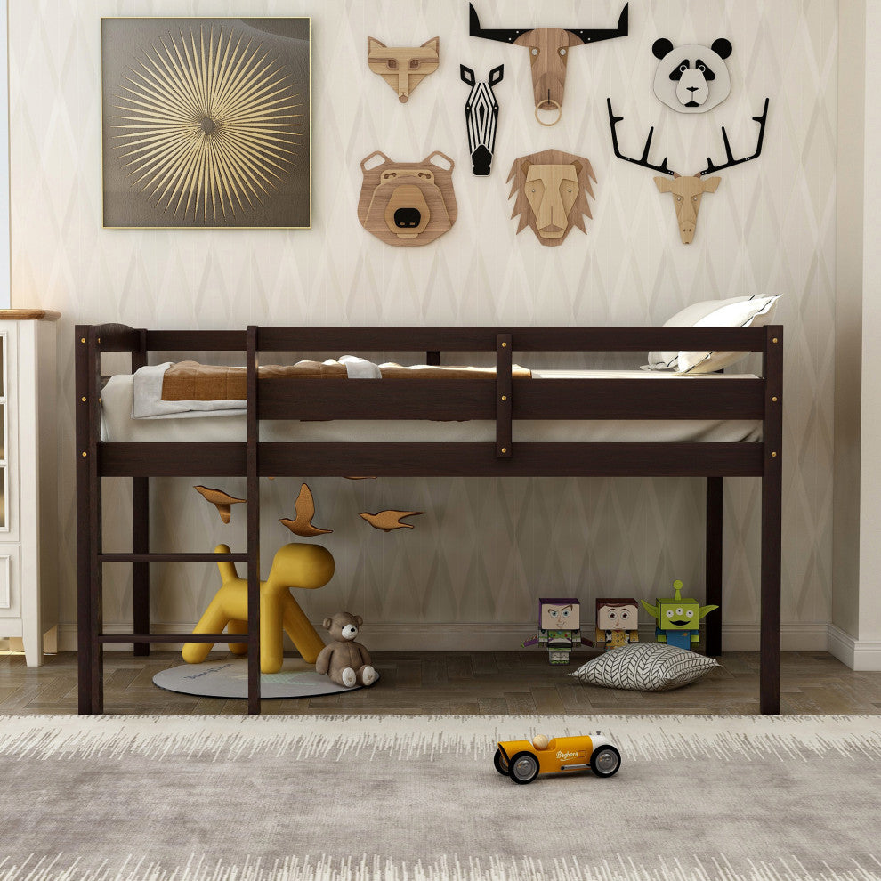 Gewnee Wood Twin Low Loft Bed with Ladder in Espresso