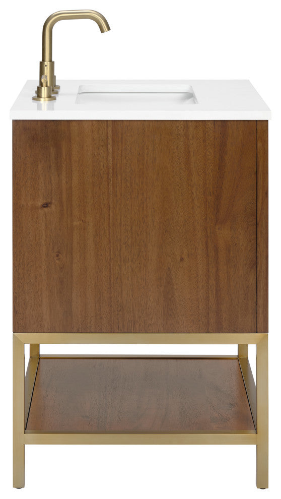 Diamond 24" Bath Vanity, Walnut/Satin Brass, 24", White Quartz Top