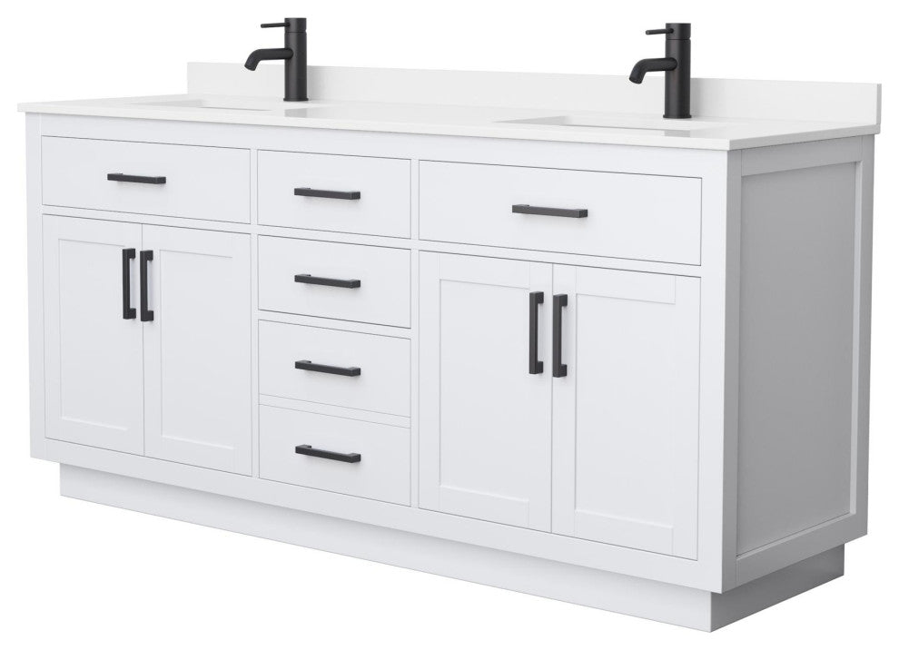 Beckett TK 72" White Double Vanity, White Quartz Top, 1-Hole, Black Trim