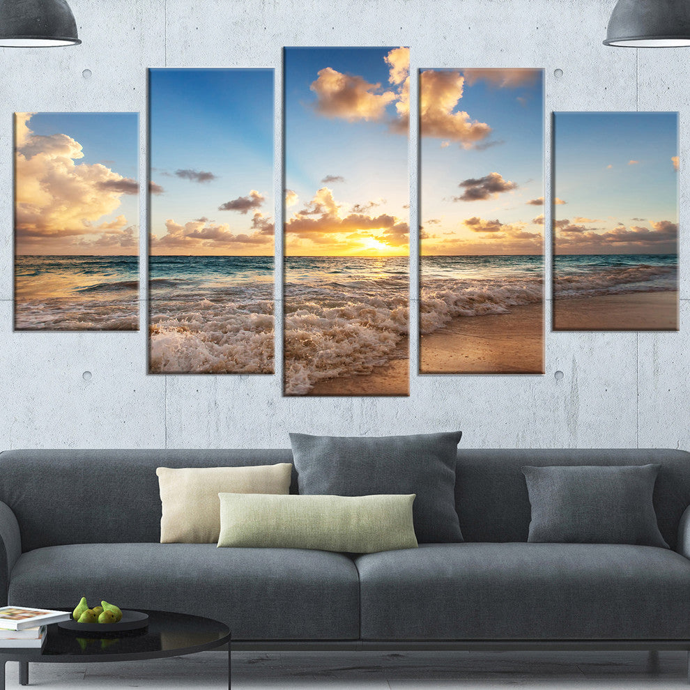 Sunrise on Beach of Caribbean Sea, Seashore Canvas Print, 60"x32", 5 Panels