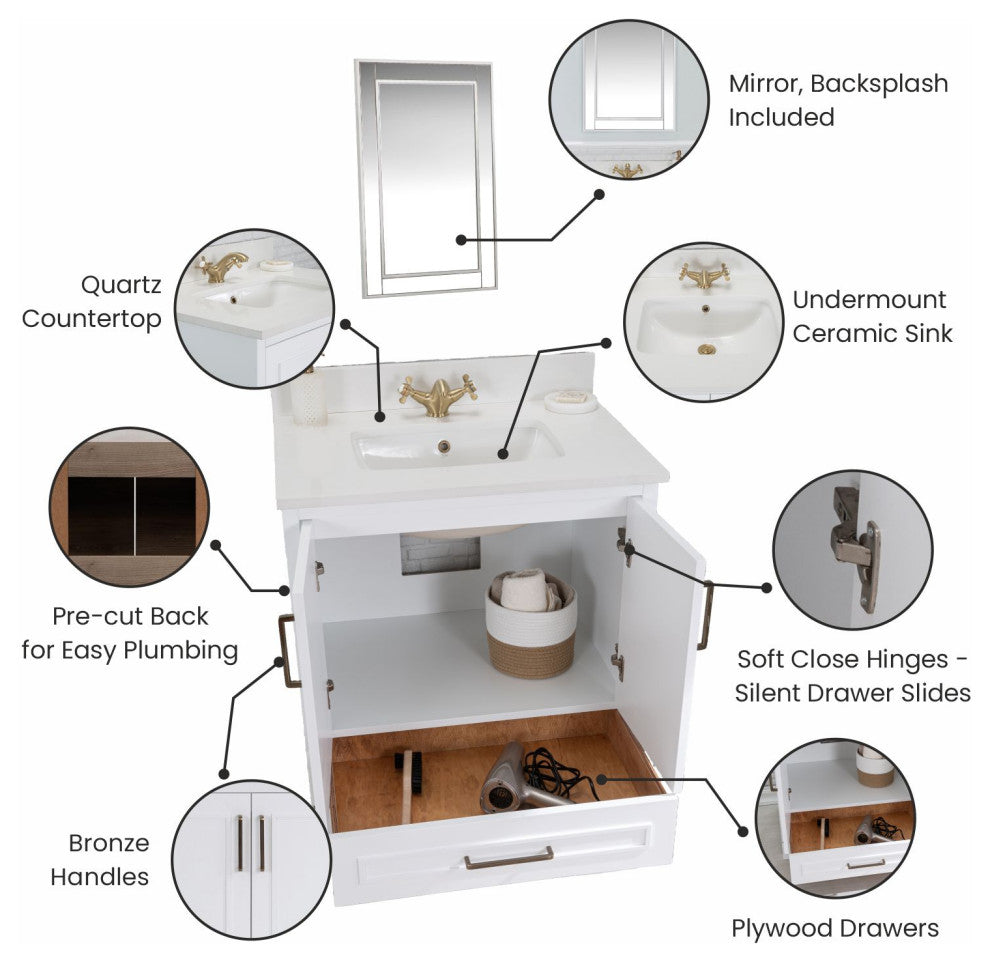 Albia Collection 30" Bathroom Vanity With Sink, Mirror, Countertop, White