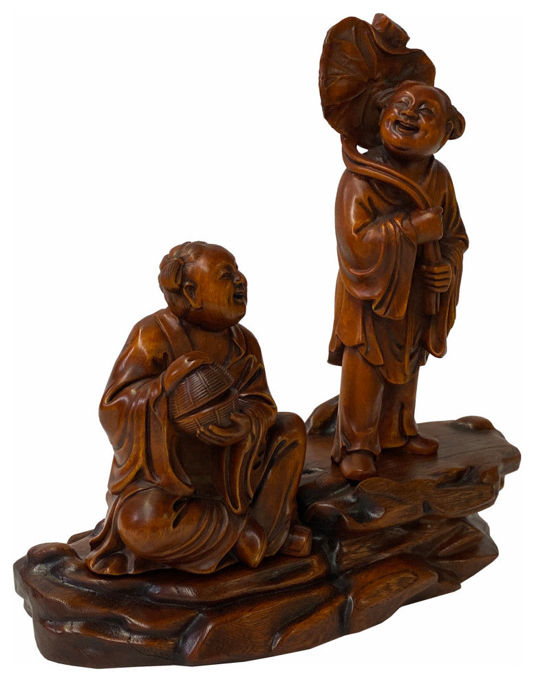 Chinese Oriental Wood Artistic Golden Kids Carving Display Figure Art Hws1843