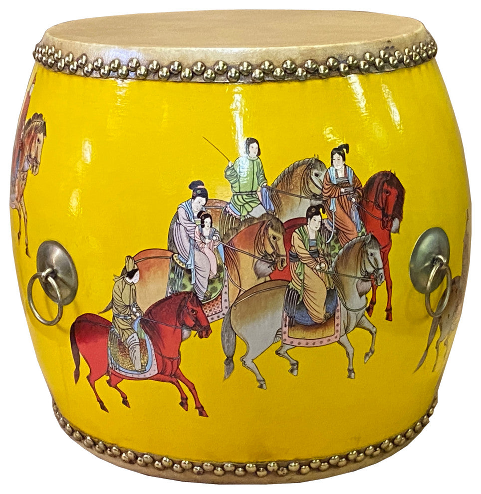 Handmade Small Round Low People Horses Graphic Drum Shape Table Hcs7415
