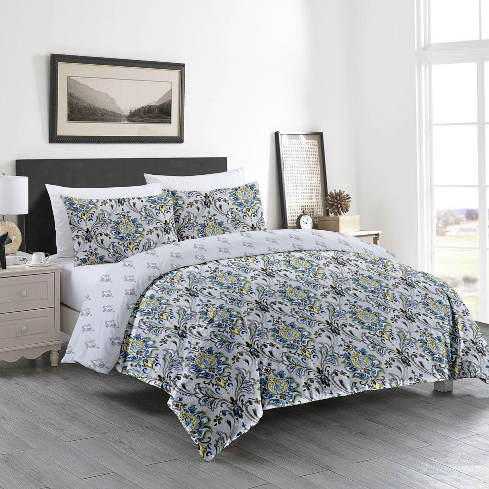 Delara GOTS Organic Cotton Floral Reversible Print Duvet Cover Set, King(108"x92