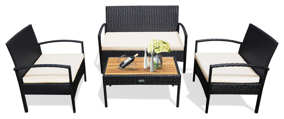 Costway 4PCS Patio Rattan Furniture Set Sofa Chair Coffee Table W/Cushion White