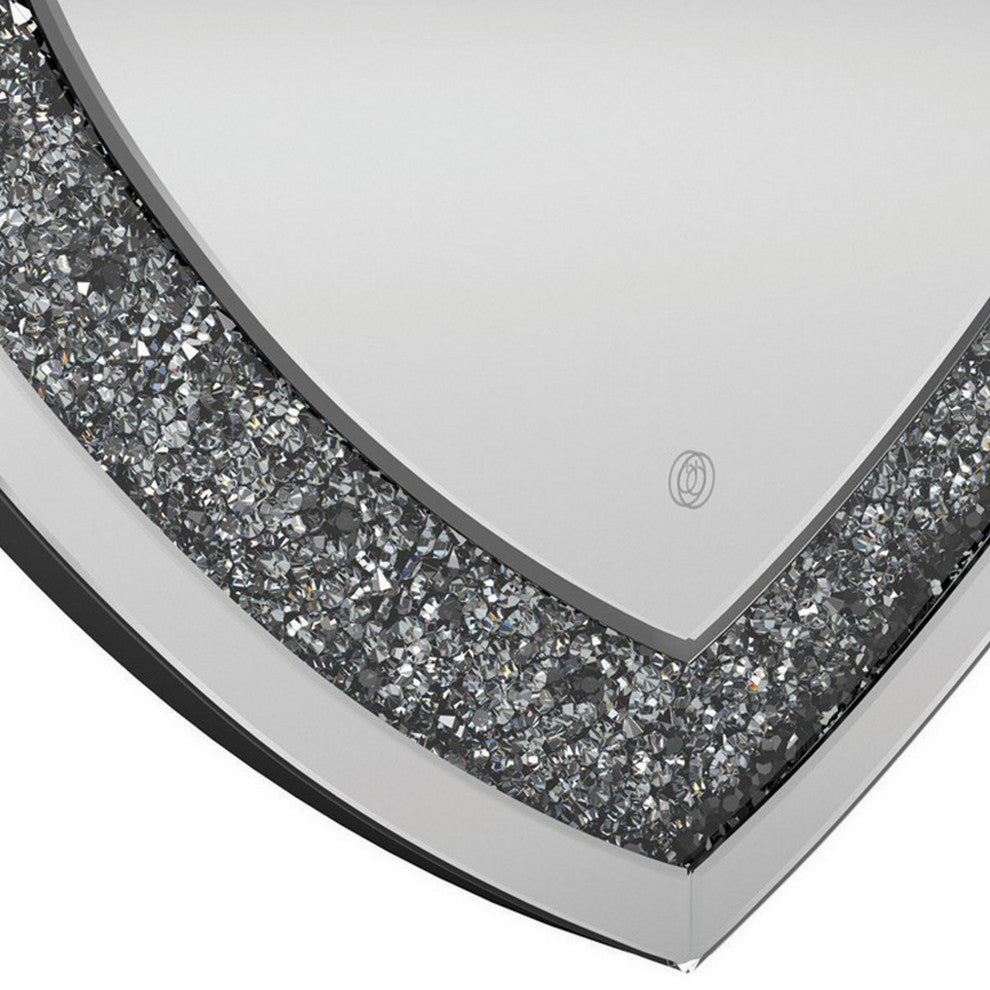 Benzara BM282038 Modern Vanity Wall Mirror, Heart, Crystal Frame, Glass, Silver