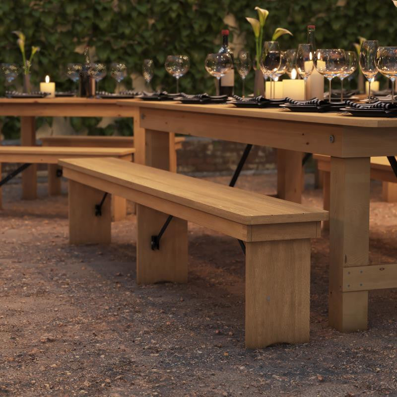 HERCULES Series 8' x 12'' Solid Pine Folding Farm Bench With 3 Legs, Light Natural