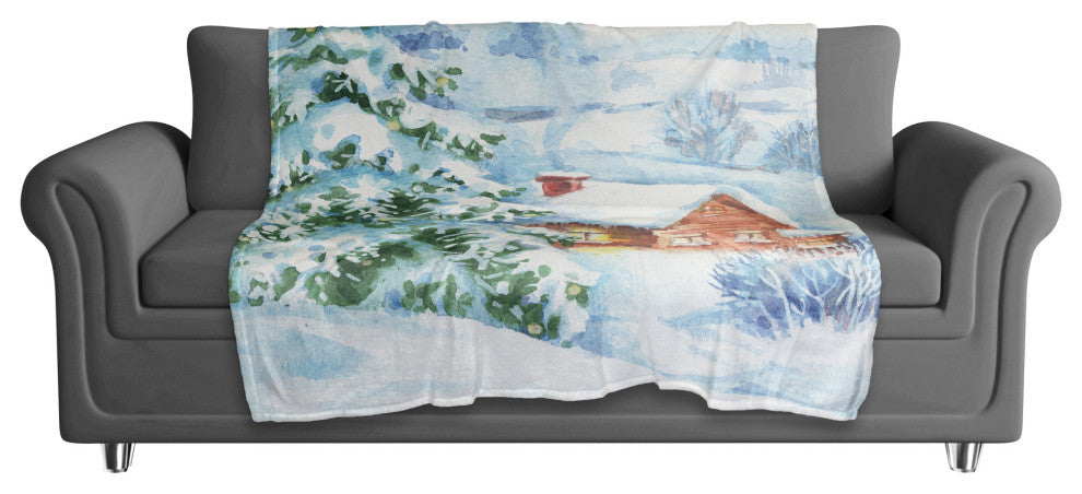 Watercolor Winter Cabin 50x60 Coral Fleece Blanket