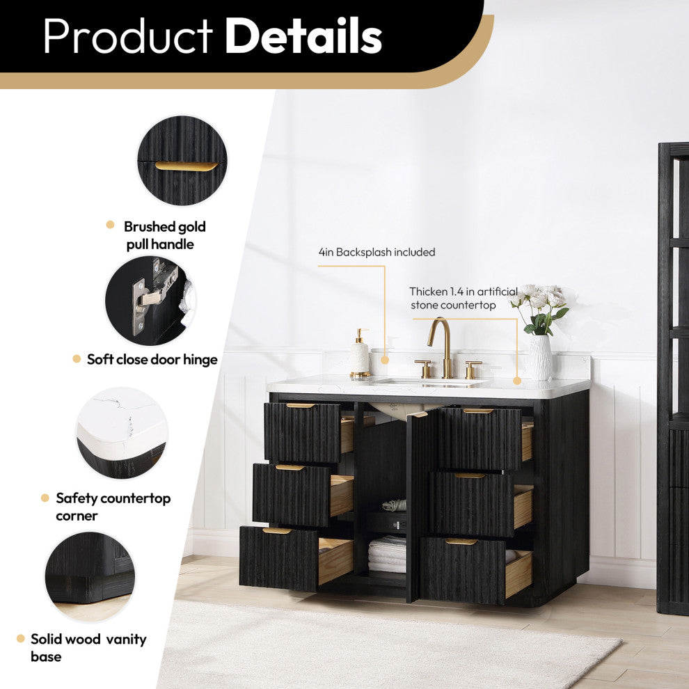 Vinnova Cadiz Bath Vanity, Composite Stone Top, Black, 48", No Mirror