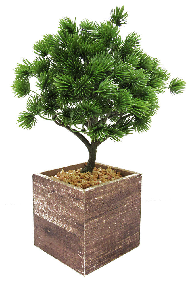 Artificial Desktop Pine Bonsai Tree, Square Wood Pot 10.5"