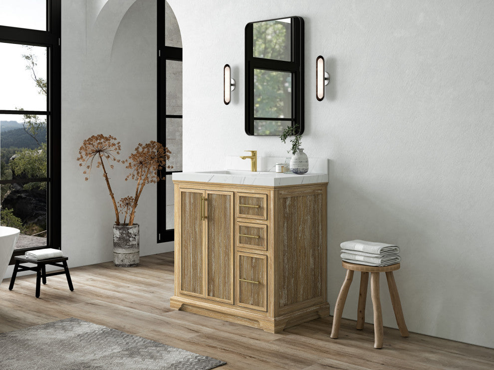 Alys Teak 36 Bathroom Vanity Left Offset Sink Whitewashed 2" Empira Quartz