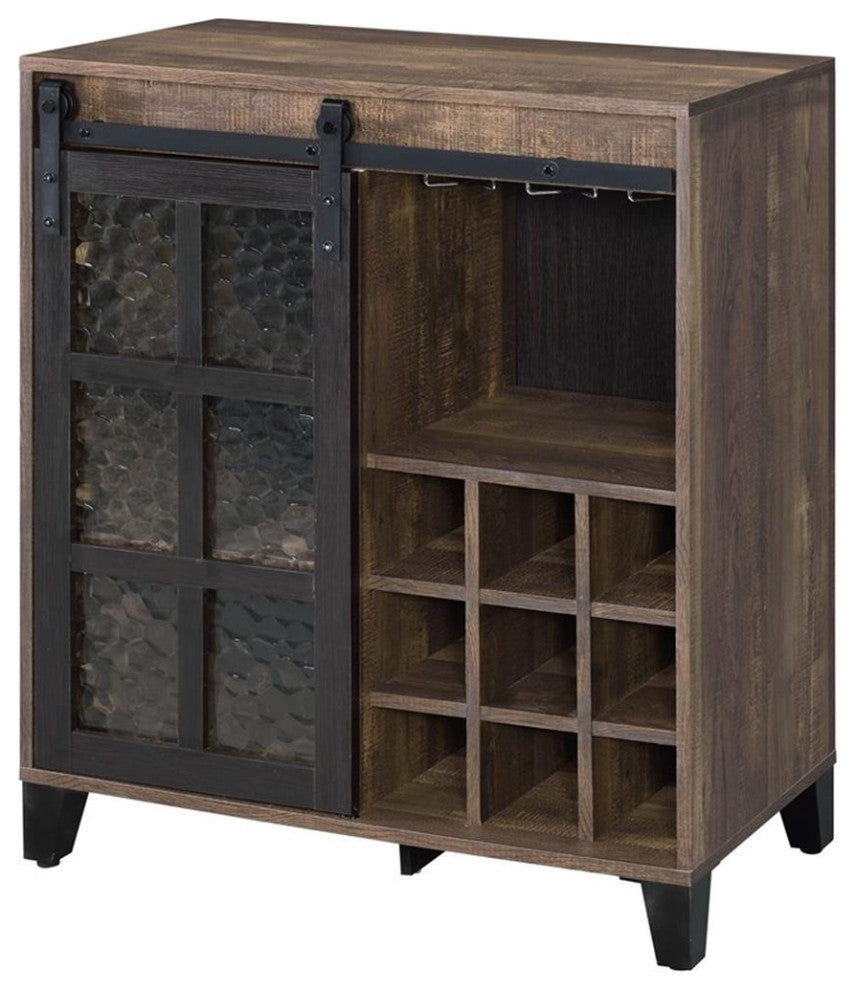 Bowery Hill Wooden Wine Cabinet with Glass Door in Rustic Oak and Black