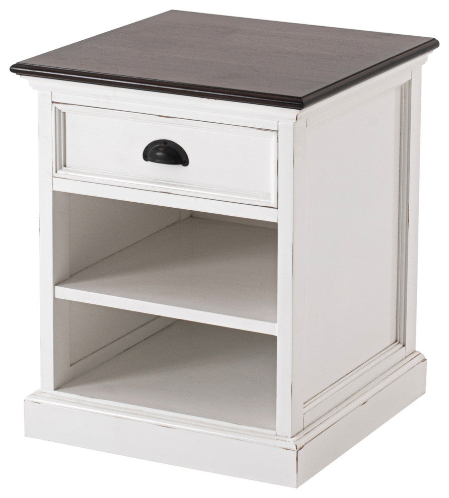 Distressed White and Deep Brown Nightstand With Shelves