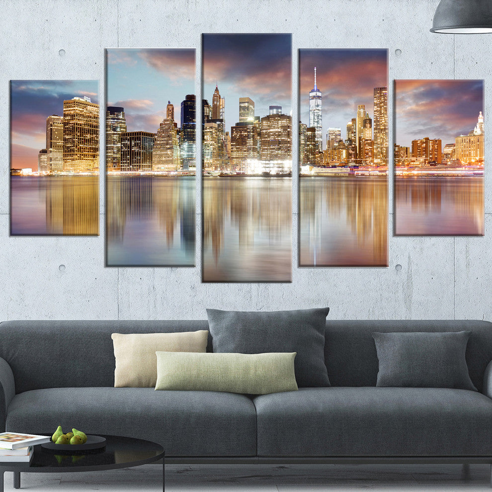 "New York Skyline at Sunrise With Reflection" Art, 60"x32", 5-Panels