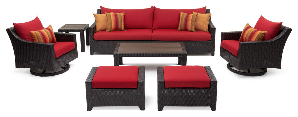 Deco Deluxe 8 Piece Sunbrella Outdoor Patio Sofa and Motion Club Chair Set, Sunset Red