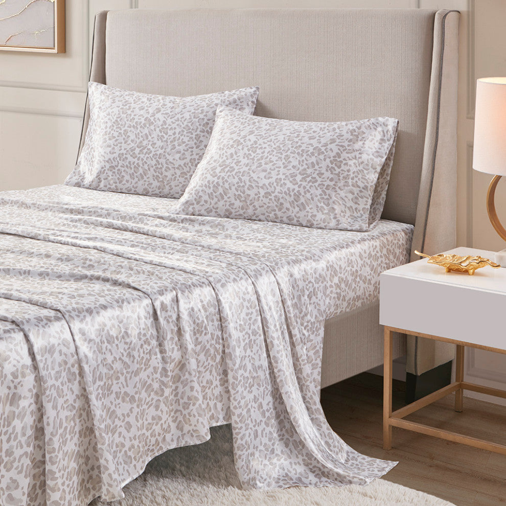 Madison Park Essentials Printed Satin Sheet Set, King Taupe Leopard