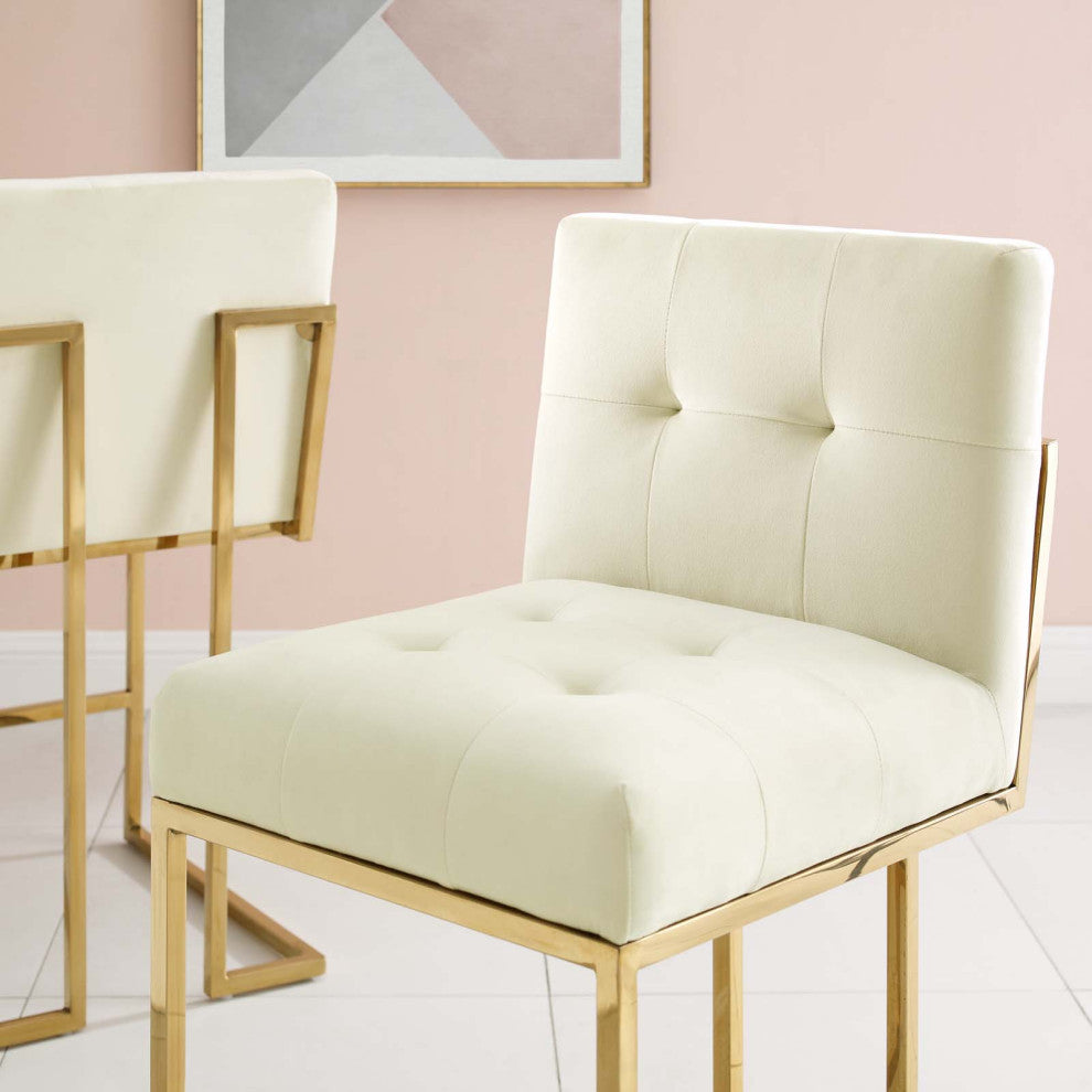 Counter Stool Chair, Velvet, Metal, Gold Ivory White, Modern, Bar Pub Bistro