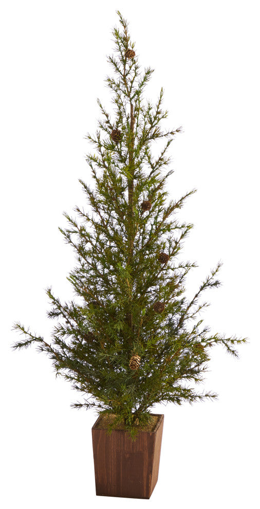4' Alpine Natural Look Artificial Christmas Tree, Wood Planter With Pine Cones