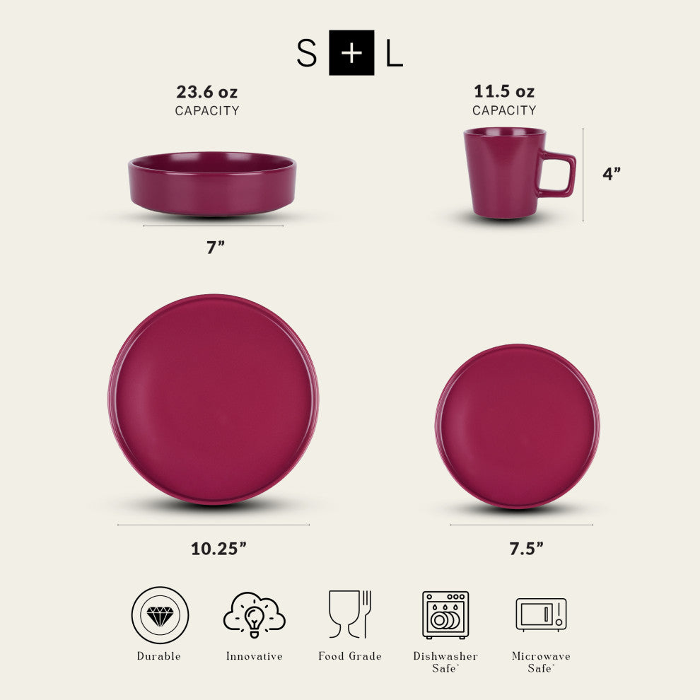 Stone Lain Cleo Stoneware 16 Piece Dinnerware Set, Magenta