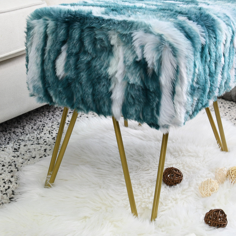 Soft Faux Fur Ottoman Fuzzy Entryway Bench Seat, Deep Teal, 19"x13"x17"