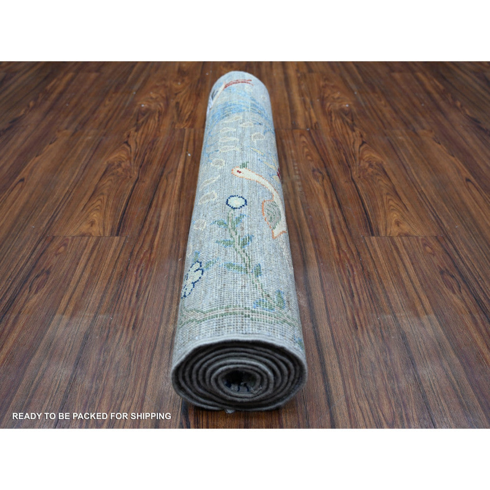 Gray Peshawar Birds of Paradise Abrash Hand Knotted Runner Rug, 2'7"x7'10"