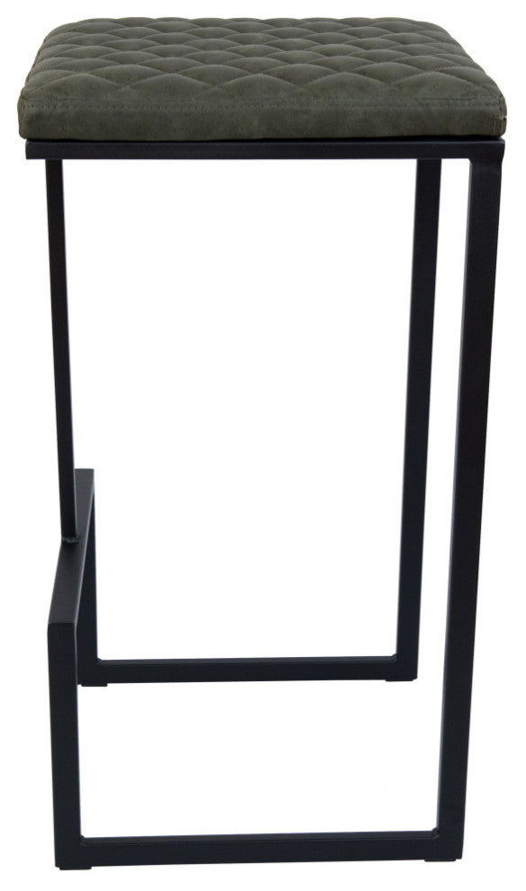 Quincy Square Barstool with Leather Seats and Metal Frame with Footrest, Olive Green