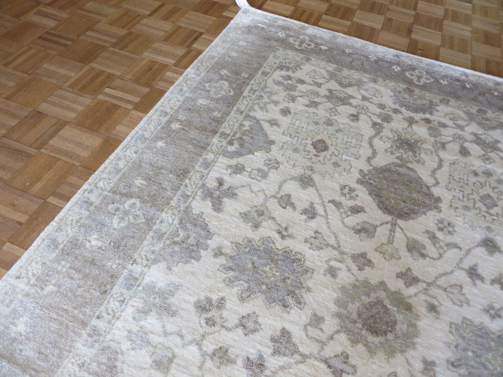 6'x9' Hand Knotted Ivory & Gray Bamboo Silk Oushak Oriental Rug