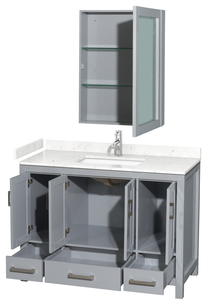 48"SGL Bathroom Vanity Gray, Carrara Cult. Marble Countertop, Sink, Med. Cabinet