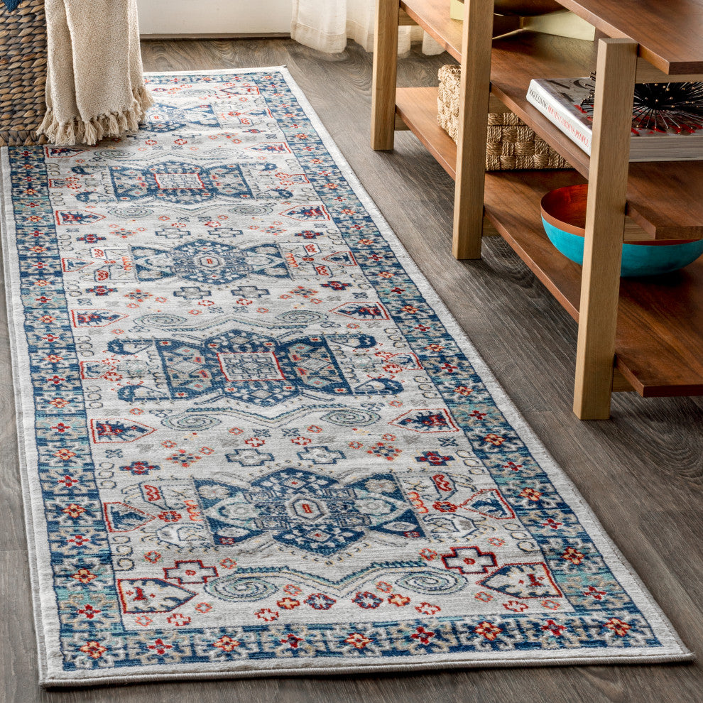 Modern Persian Vintage Moroccan Light Grey/Blue 2' x 8' Runner Rug