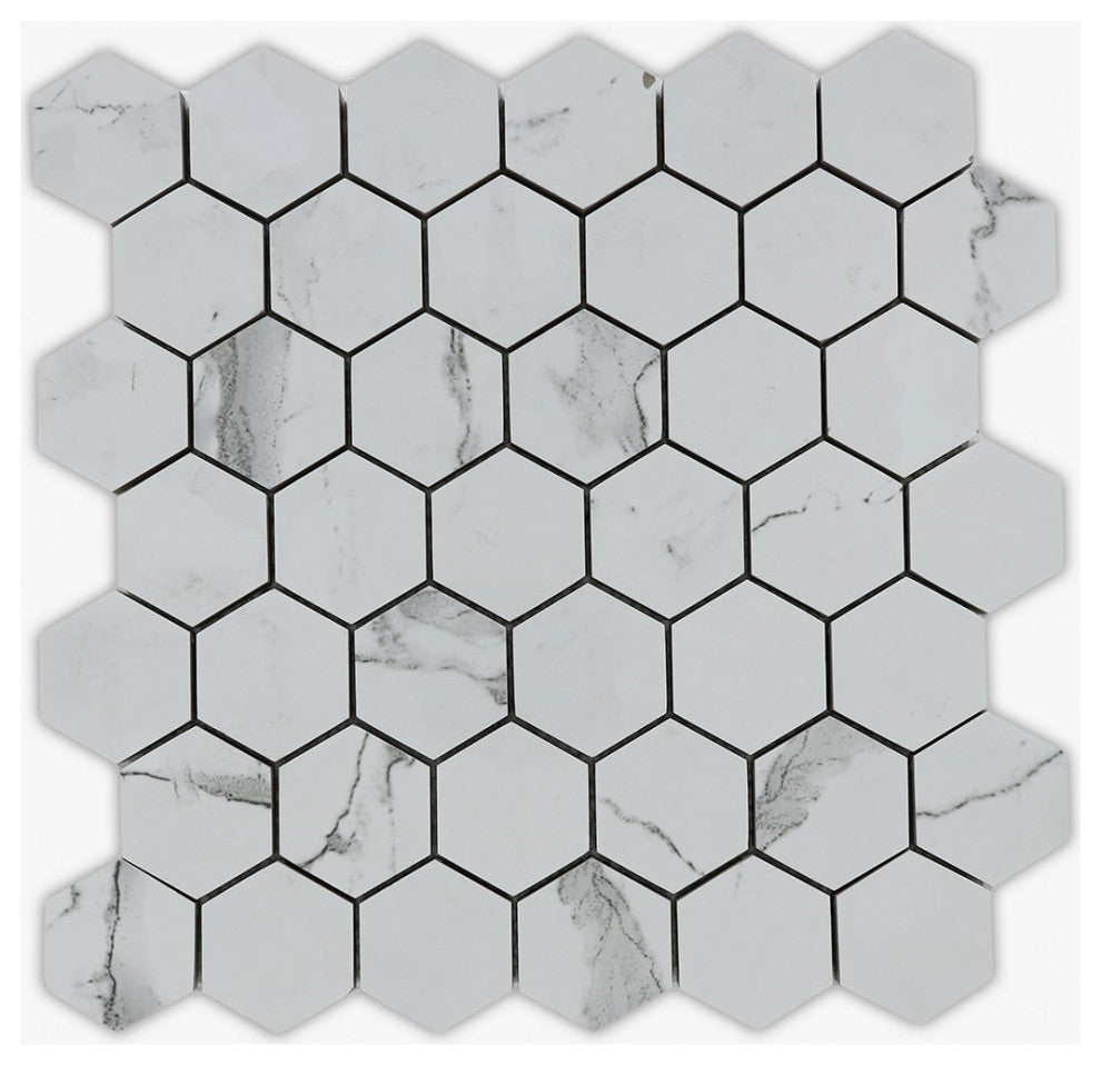 Calacatta Statuario Glossy 2" Hexagon Porcelain Mosaic