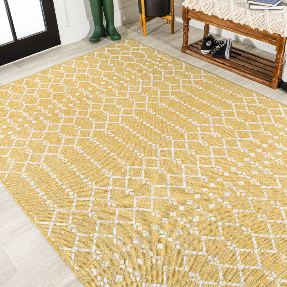 Ourika Moroccan Geometric Indoor/Outdoor Rug, Yellow/Cream, 3x5