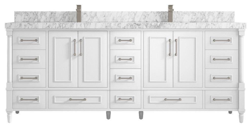 Aberdeen 84 Double Sink Bath Vanity in White 2" Carrara Marble