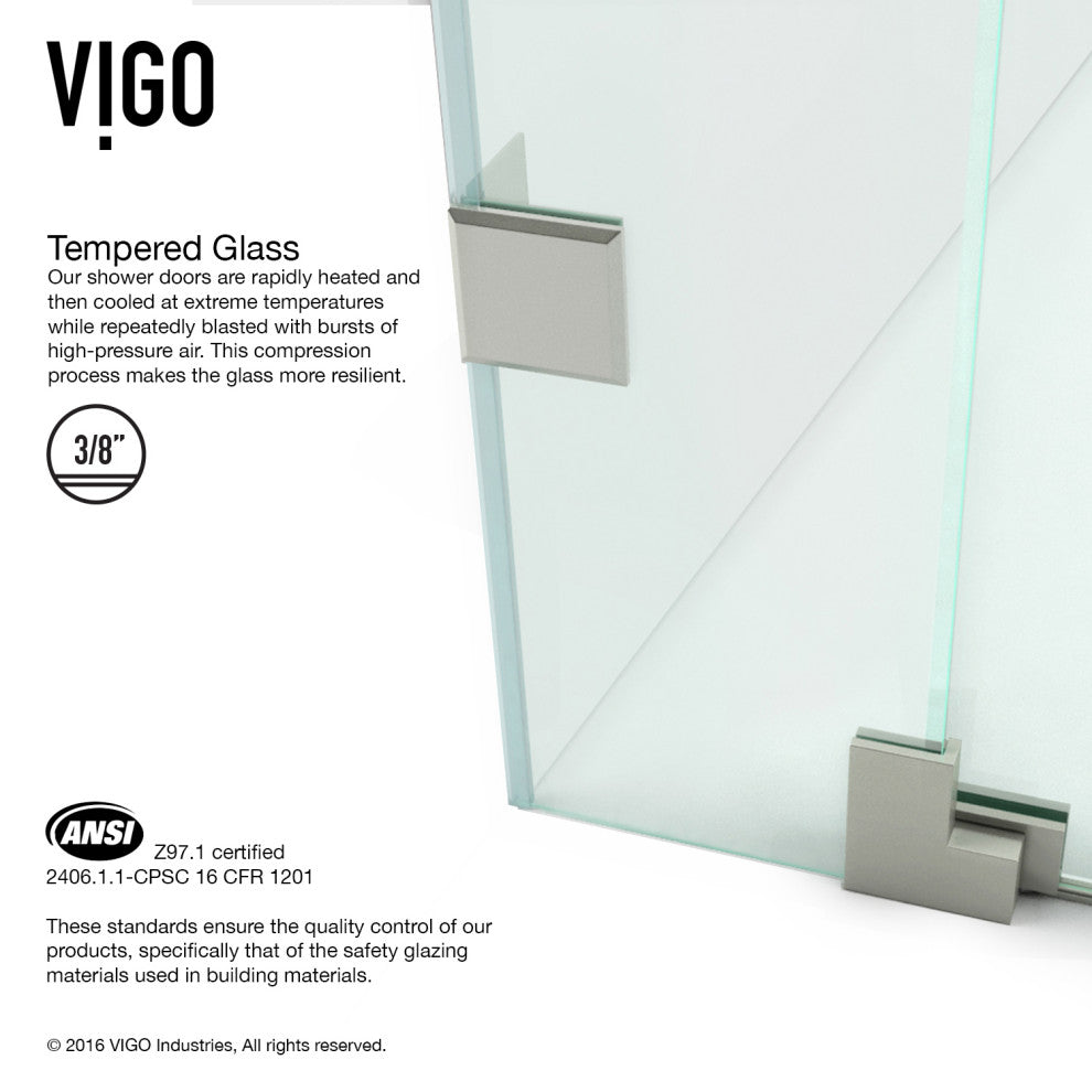 VIGO Pirouette 48" to 54" W x 72" H Frameless Pivot Shower Door, Brushed Nickel, Clear Glass
